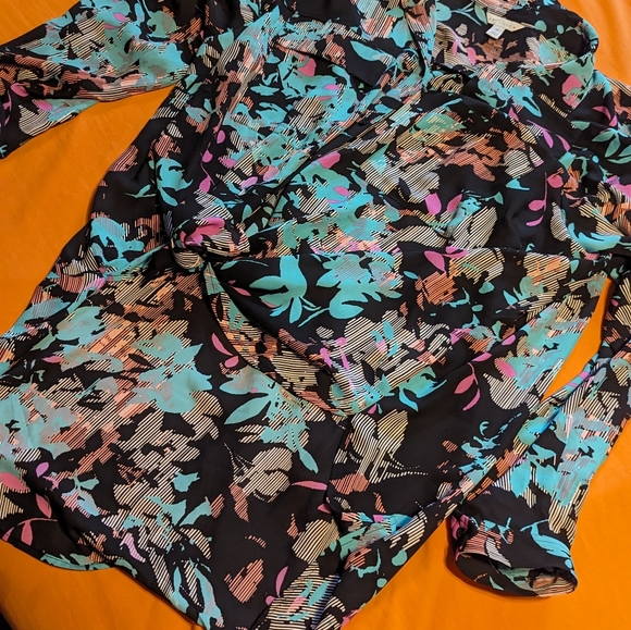 Boutique blouse 80s style fun spring button up teal floral funky 2x plus tall - Picture 6 of 7